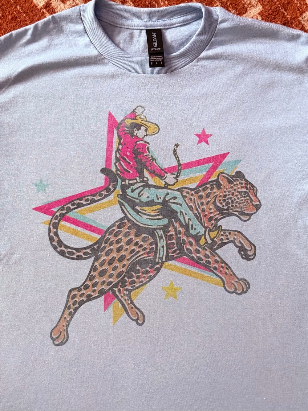 Gildan Light Blue Kids Tee with Colorful Cowboy Riding Leopard Graphic